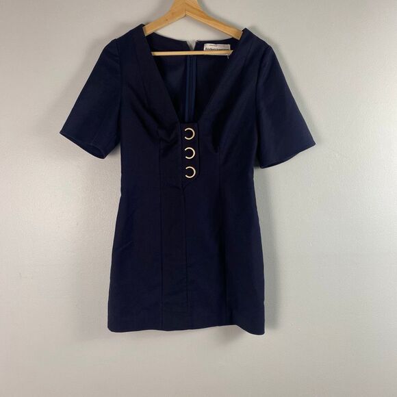 Finders Keepers Navy Blue Mini Dress - Gold O-Ring V-Neck - Picture 4 of 10